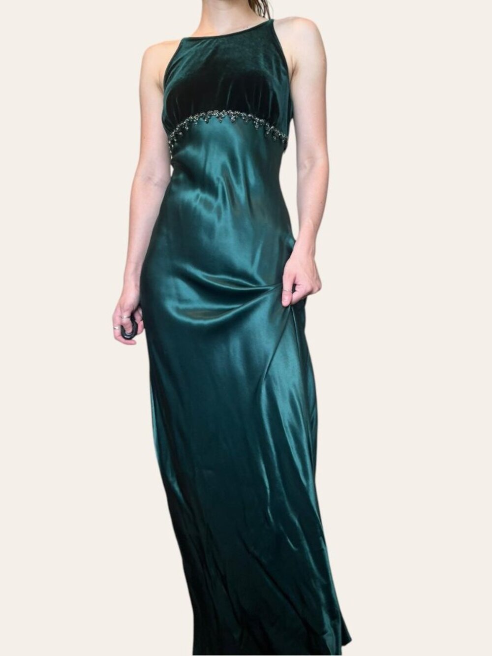 Roberta for Dillard's 90s vintage emerald green satin & velvet prom dress XS/S